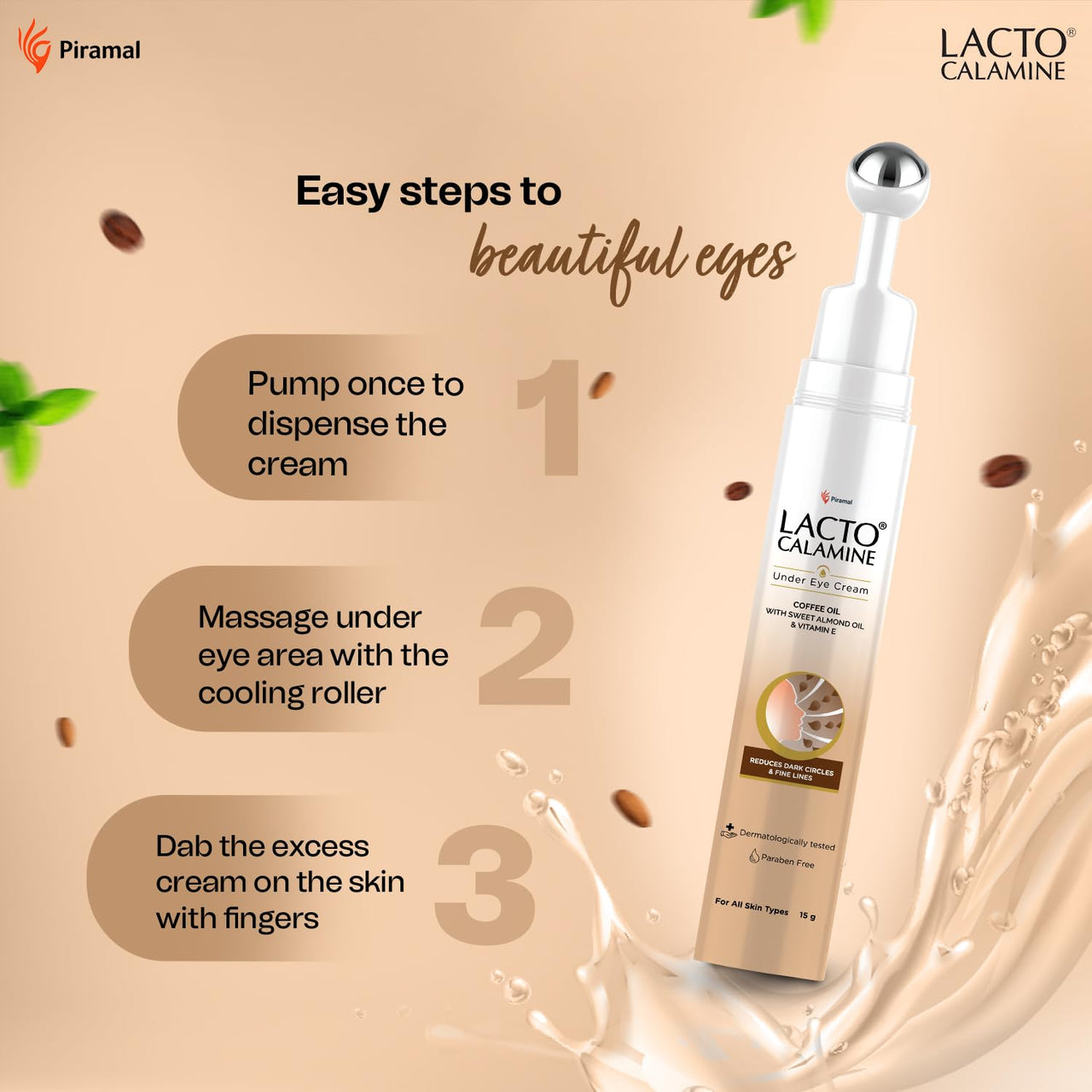 Lacto Calamine Under Eye Cream For Dark Circles for Women & Men | Fine Lines & Puffy Eyes With Cooling Massage Roller | 15g | With Coffee Oil, Multi-Peptides, Niacinamide, & Vitamin E