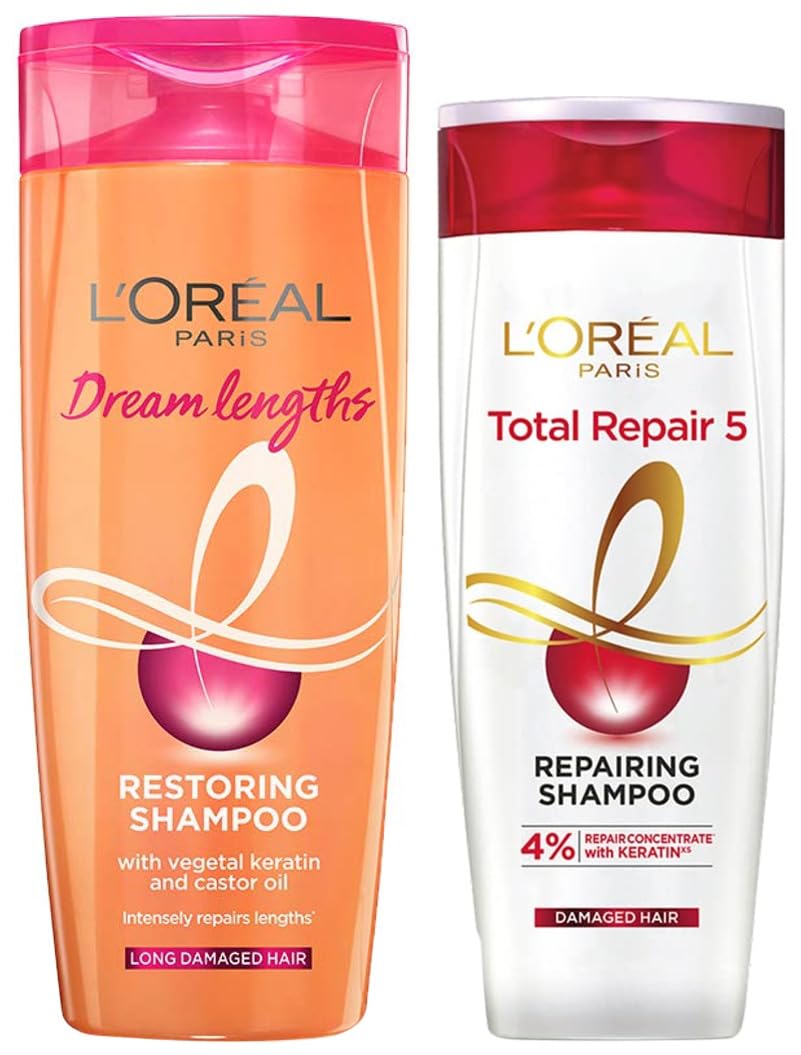 L’Oréal Paris Dream Lengths Shampoo, 192.5 Ml & Total Repair 5 Repairing Shampoo With Keratin Xs, 192.5Ml