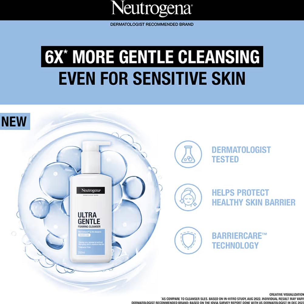 Neutrogena Ultra Gentle Foaming Cleanser | Face Wash for All Skin Types including Sensitive Skin | 6X Gentler Cleansing with Barriercare Technology for Men & Women | Cleanses Dirt and Oil | Hydrates & Protects Skin Barrie
