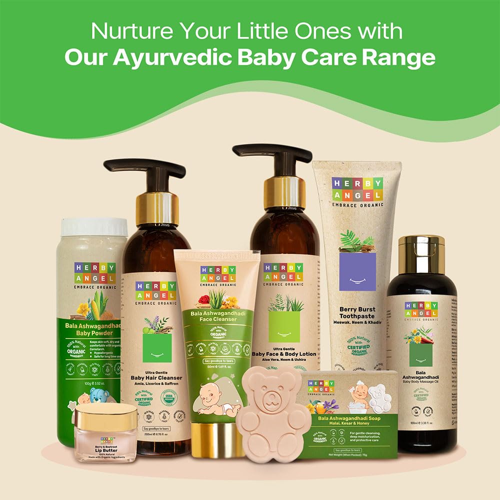 Herby Angel Baby Shampoo - Gentle Baby Hair Care & Cleanser - Natural Cleansing with Licorice, Amla & Saffron - Promotes Hair Growth & Scalp Health - Tear Free Organic Baby Hair Shampoo - 200 ml