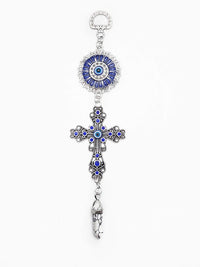 LUCKBOOSTIUM Blue Crystal Inlayed Cross & Blue Mandala Evil Eye Amulet w/Hanging Healing Stone - Nature, Energy, Rebirth, Growth Charms - Car & Home Lucky Charm Ornament (2
