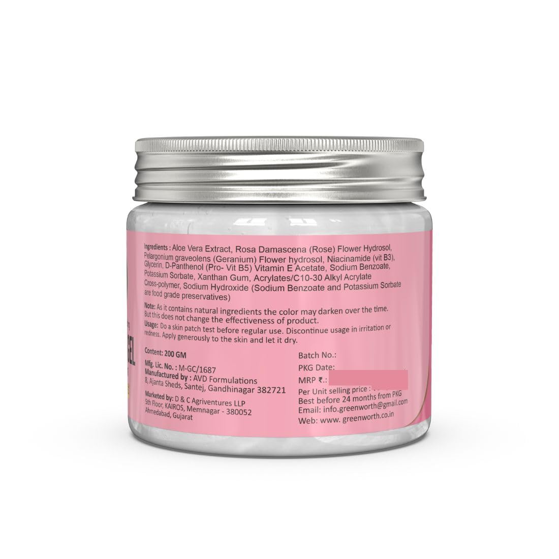 Green worth Pure Aloe vera Gel with Natural Rose | for Face, Glowing Skin and Hair | Paraben Free | 200 Gm