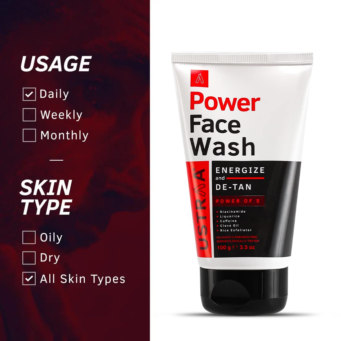 Ustraa Power Face Wash - 100g - Energize and De-Tan | Dermatologicallyl Tested | Effective Tan Removal | Removes Dead Skin, Brightens Skin, Refresh & Recharge, NO SLS, No Paraben