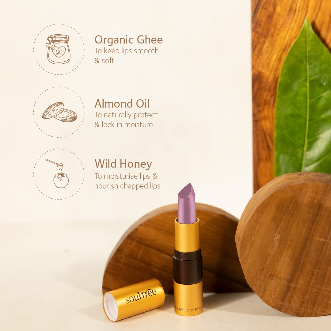 SoulTree Ayurvedic Lipstick - Candy Floss 636, 4gm | Creamy Texture | Enriched with Organic Ghee & Almond Oil | Moistured & Nourished Lips | 4gm