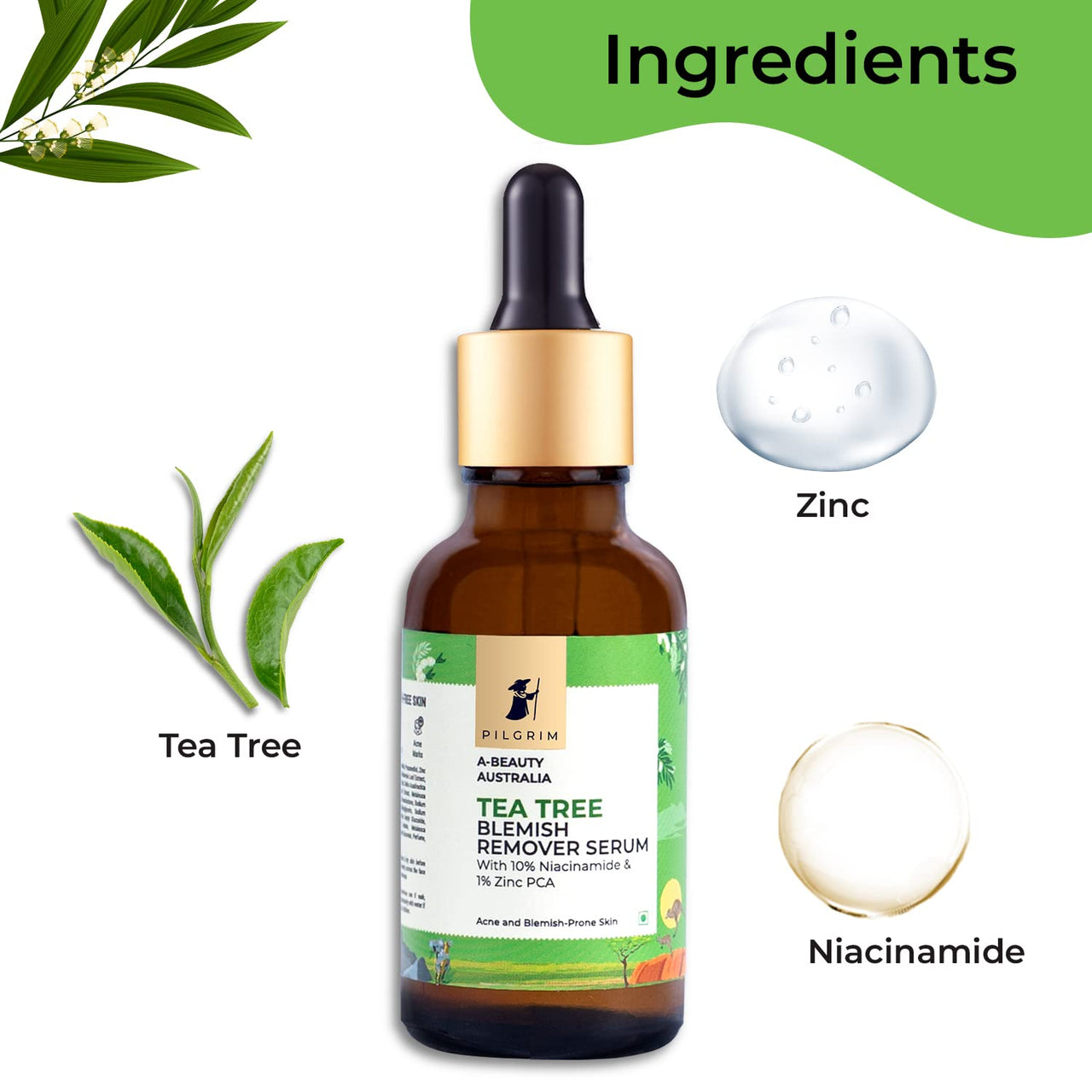 Pilgrim Tea Tree & 10% Niacinamide blemish-remover serum with Zinc PCA for acne prone skin | Niacinamide serum for acne| Acne scar reducing 10% Niacinamide serum for face | Women & Men | 30 ml