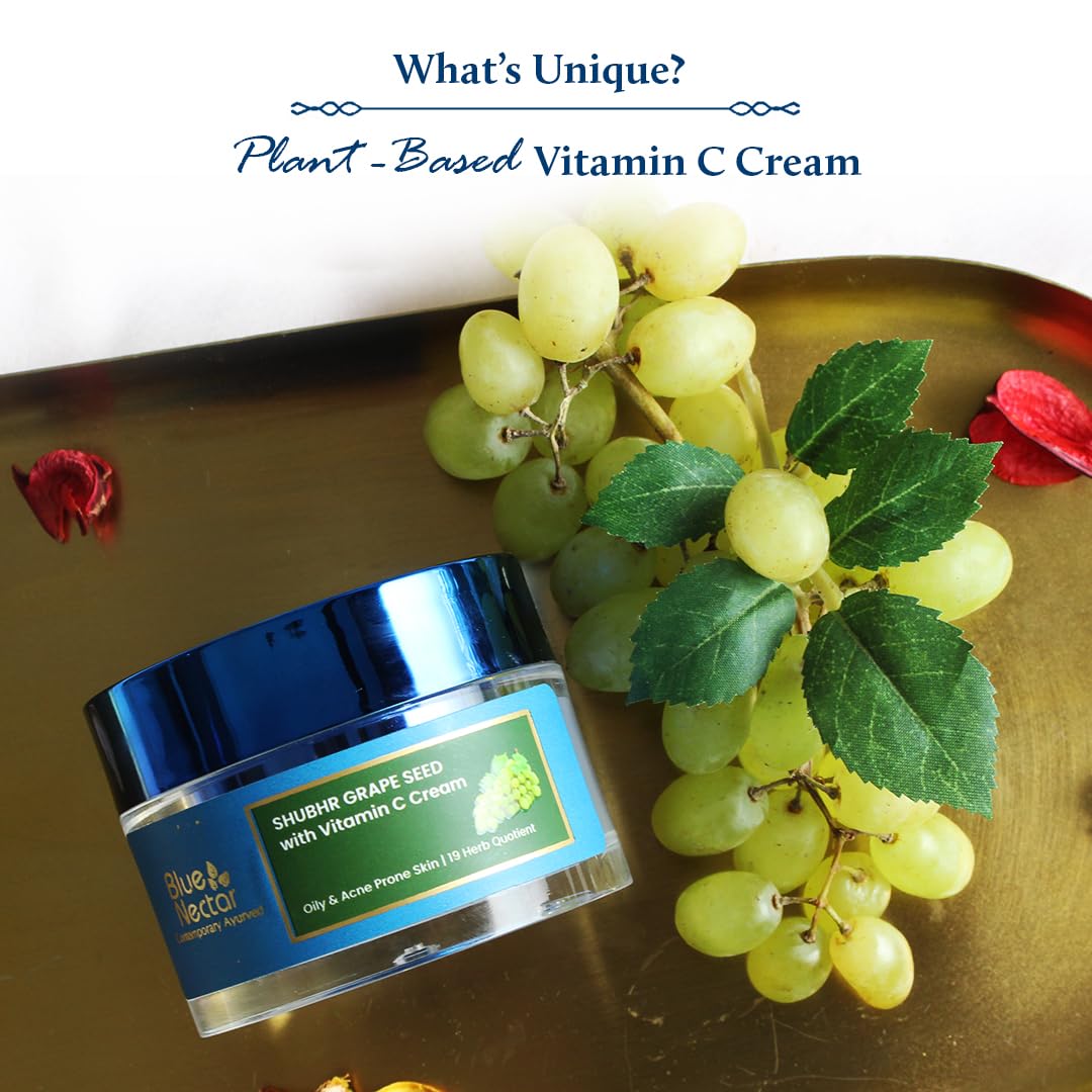 Blue Nectar Plant Based Vitamin C Face Moisturizer for Oily & Acne Prone Skin with Grapeseed | Oil-Free | Lightweight Cream for Women (19 herbs, 50g)