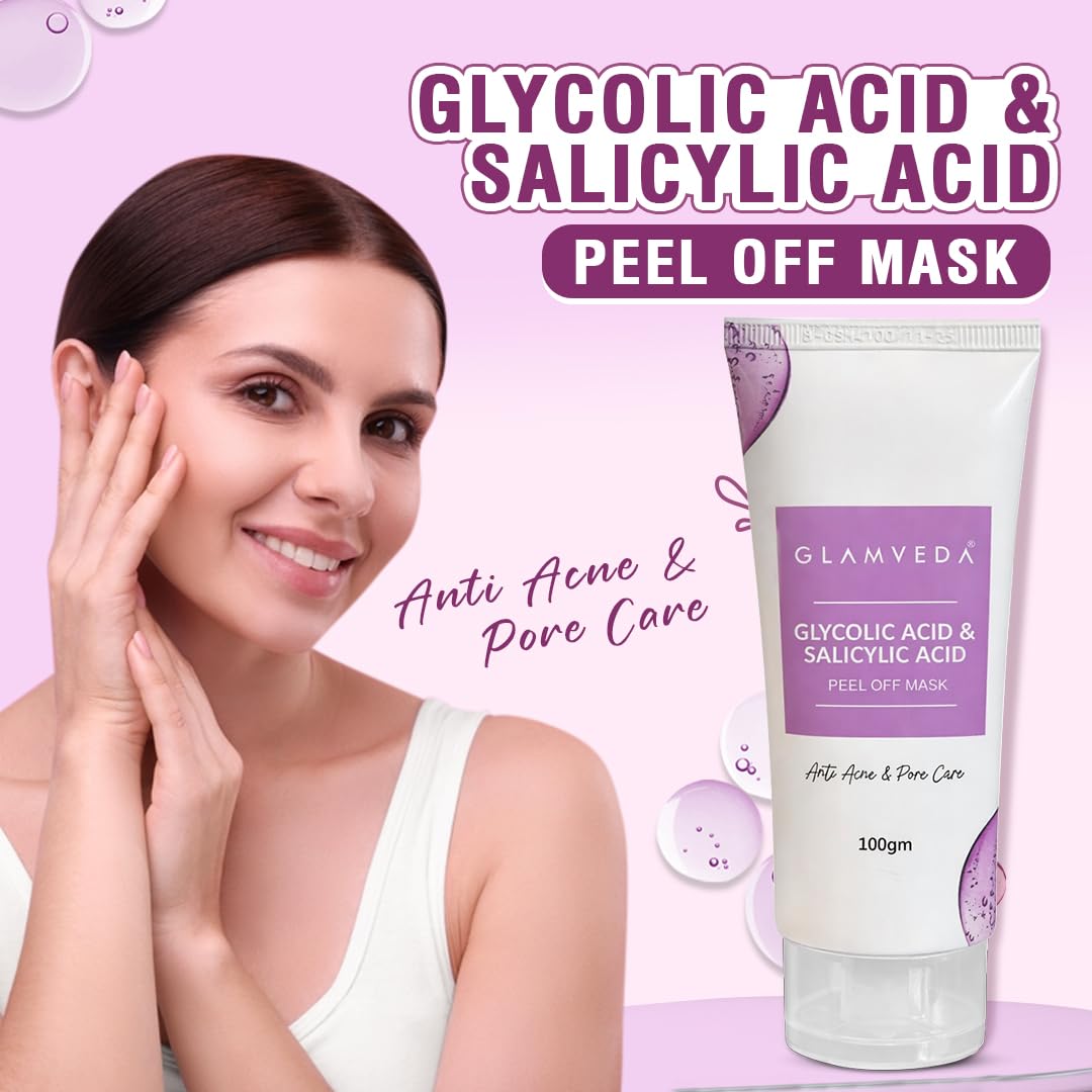 Glamveda 0.05% ww Glycolic Acid & 0.05% ww Salicylic Acid Anti Acne Peel off mask | For Oily & Acne Prone Skin | Oil balancing, Deep Cleansing | Blackhead & Pore care | 100gm
