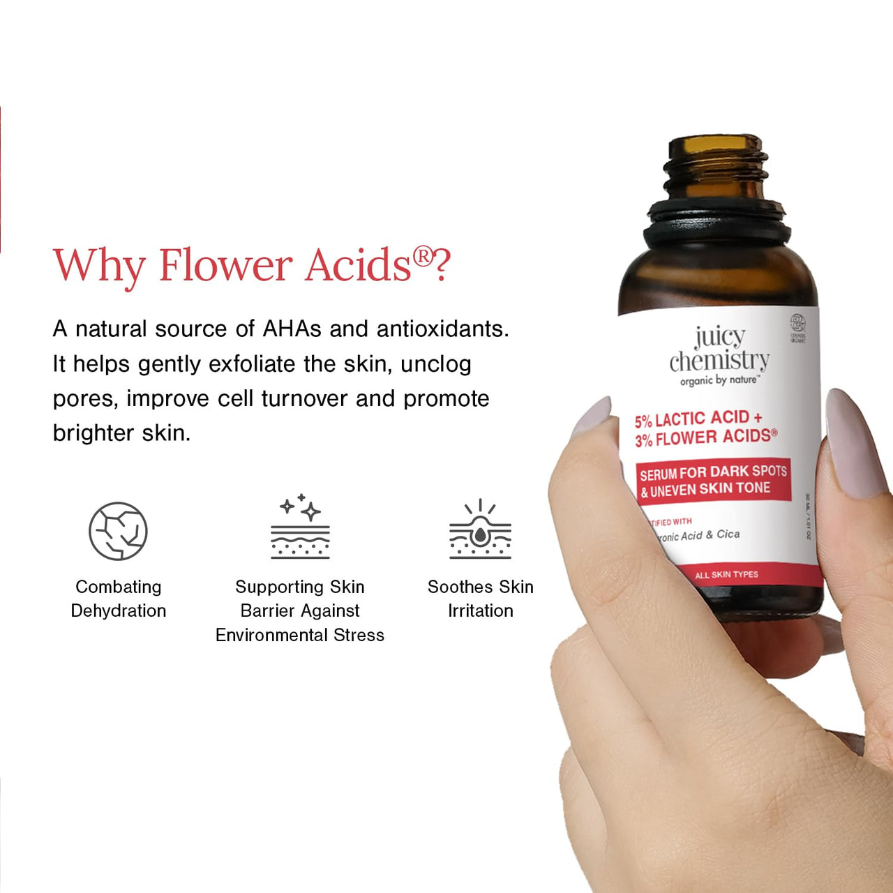 Juicy Chemistry Lactic Acid and Flower Acids Serum, 10 ml, Gentle Exfoliating Serum for Glowing Skin