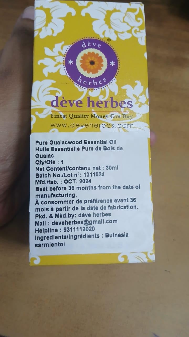 Deve Herbes Guaiacwood Essential Oil (Bulnesia sarmientoi) Pure | Viscous Texture | Rich Aroma | Unisex | All Skin Types |Natural Extract Steam Distilled 30ml
