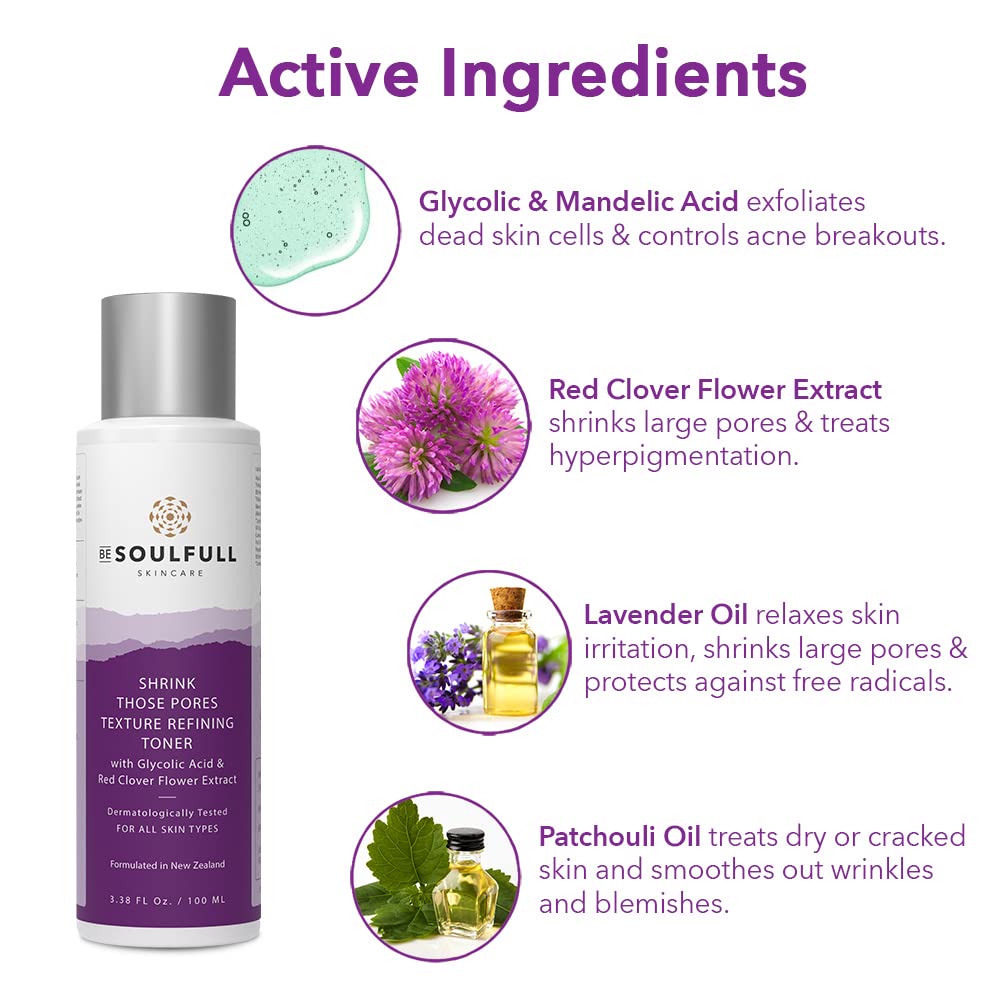 BE SOULFULL Pore Minimizing Toner With Glycolic Acid & Red Clover Flower- Facial Exfoliating, Skin Balancing Pore Reducing Toner- Suitable For Oily, Acne Prone, Sensitive & Normal Skin- 100ml