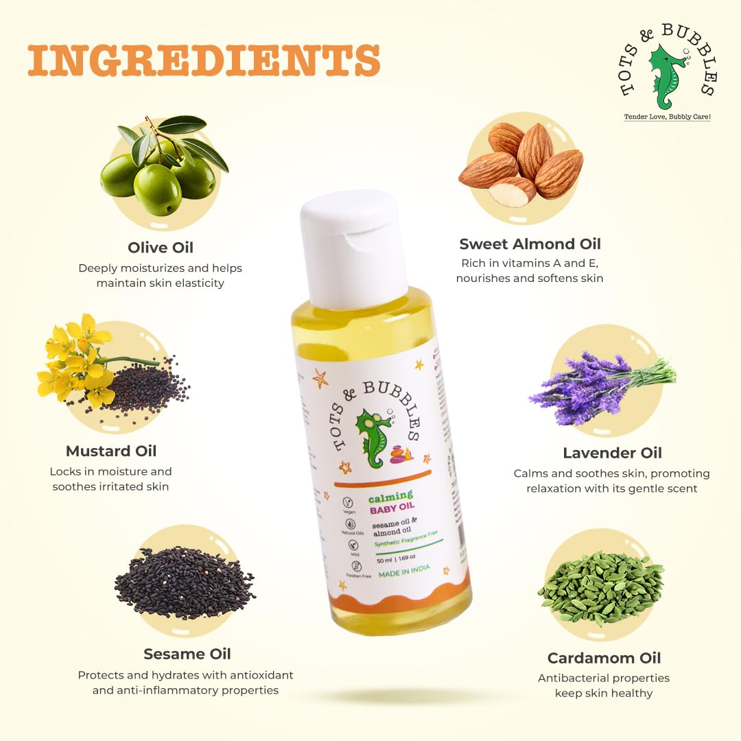 Tots & Bubbles Calming Baby Massage Oil with Sweet Almond & Olive Oil - 50 ml | Enriched with of Shea butter, Lavender & Mustard | Gentle on the skin, Free from Harmful Chemicals, No Artificial Scent