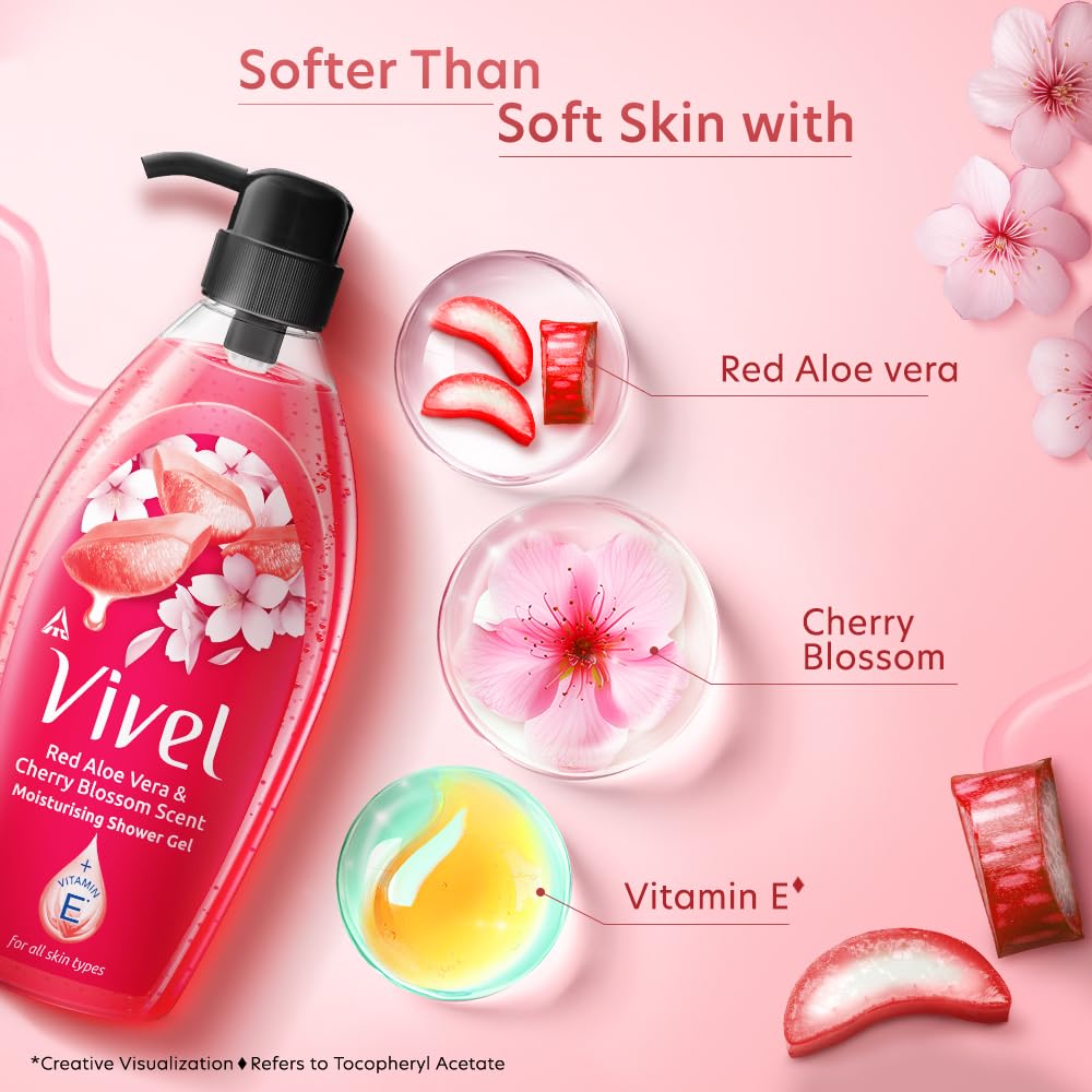 Vivel Red Aloe Vera & Cherry Blossom Scent Shower Gel, 895 ml, Moisturizing Body Wash, with Plant based Cleansers, Body wash Shower Gel for Women & Men, For All Skin Types