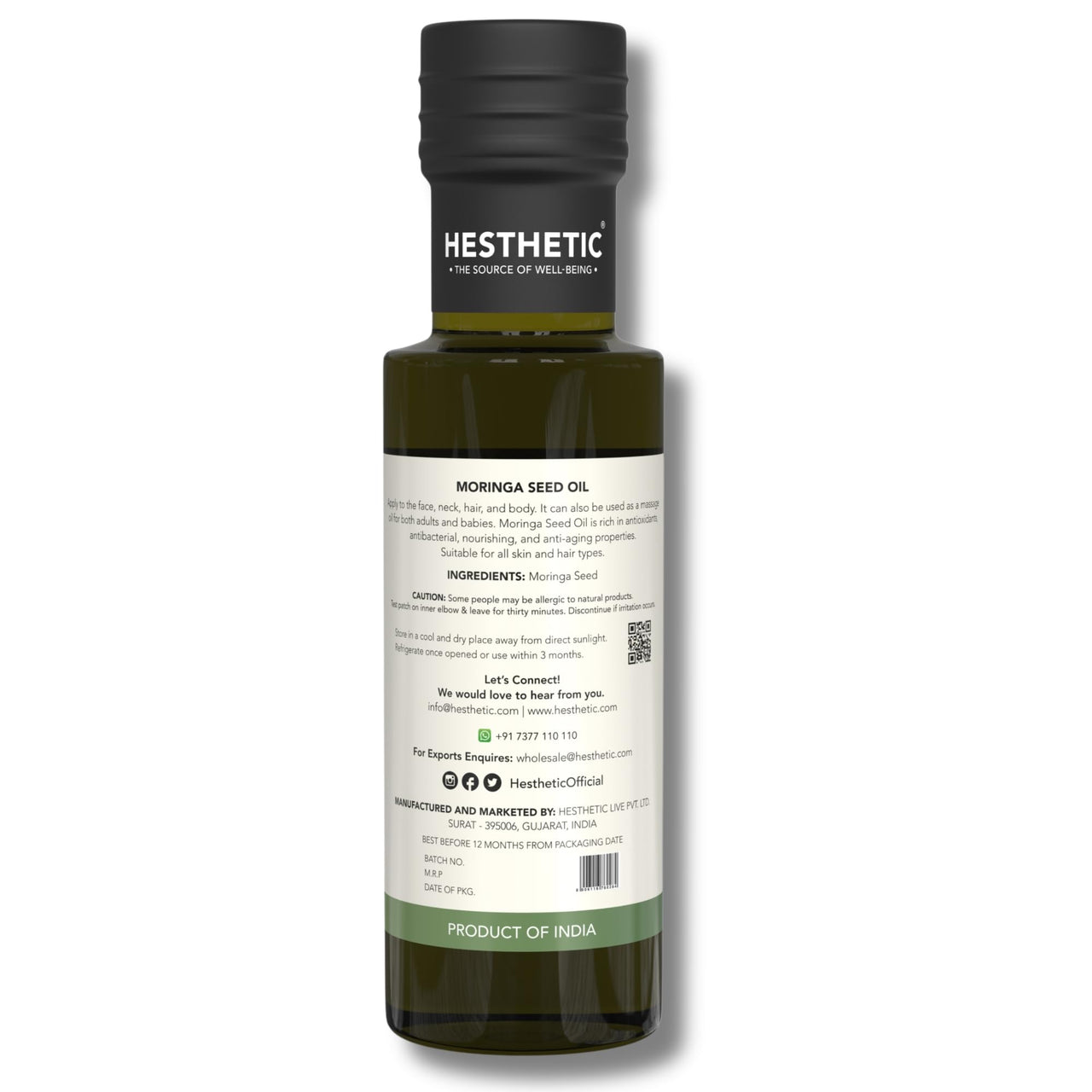 HESTHETIC Virgin Cold Pressed Moringa Seed Oil | 100% Pure & Natural - 100ml | Glass Bottle