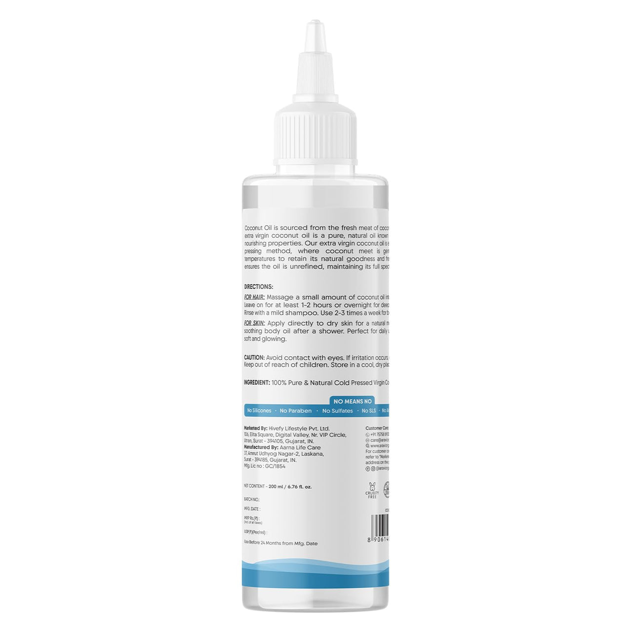 Aravi Organic 100% Pure Cold Pressed Virgin Coconut Oil - For Healthy Hair and Skin - 200 ml