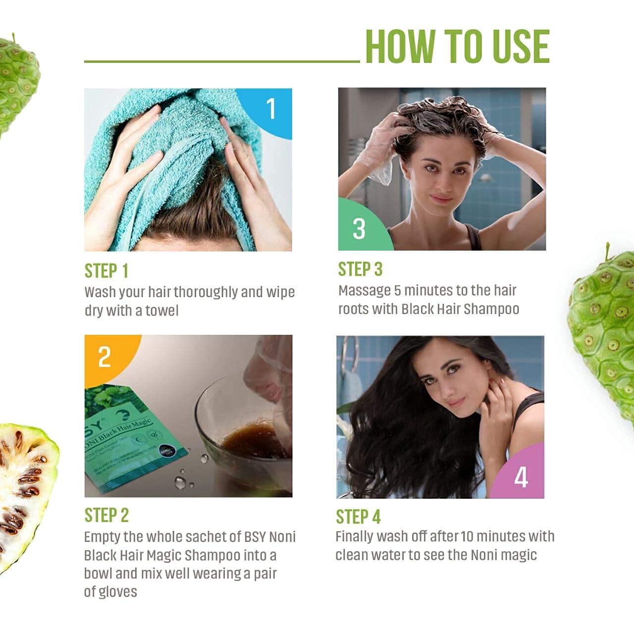 BSY Noni Black Hair Magic Hair color shampoo (12ml x 12 Sachets) | Ammonia Free Hair Color Shampoo for men| Natural Black Permanent Hair Dye Shampoo for women | Noni Fruit Hair Dye | 5 Minutes Hair Colour | Hair Coloring Shampoo | Easy to use Hair Color S