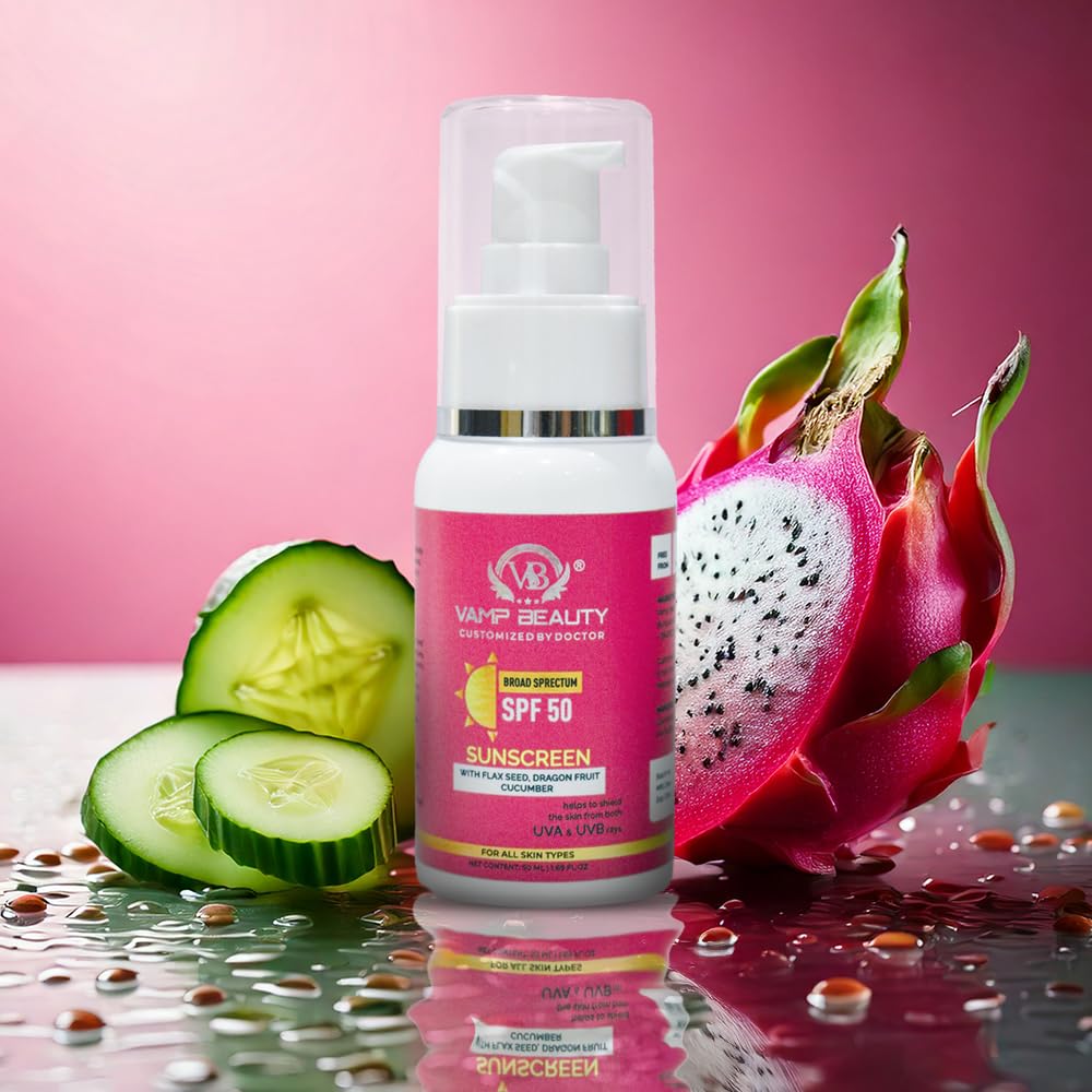 Vamp Beauty Broad Spectrum Sunscreen SPF 50 | With Flax Seeds, Dragon Fruit & Cucumber | No White Cast, Lightweight & Non-Greasy | Daily UV Protection for Men & Women | 50ml