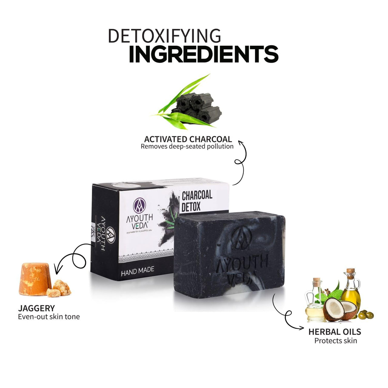 Ayouthveda Charcoal Detox Soap | A Powerful Blend of CharcoalJaggery & Five Nourishing Oils | Handmade Castile Soap Without Any Harsh Chemical | For Clear & Dirt Free Skin (Pack Of 5-110g each)
