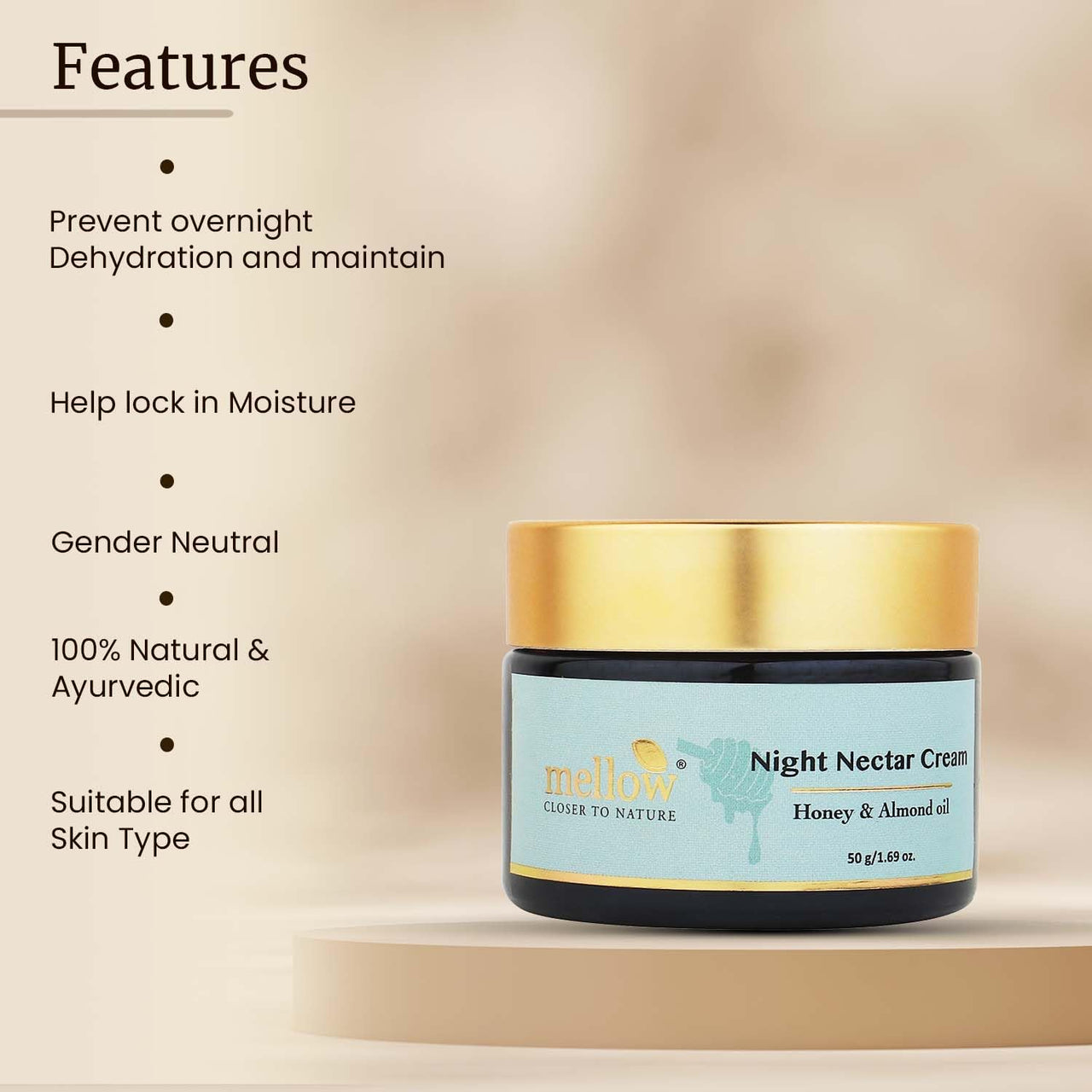 Mellow Herbal Night Nectar Cream | Ayurvedic Night Cream for Brightening, Hydration & Skin Repair | Enriched with Almond, Honey & Aloe Vera | Sulphate & Paraben-Free | All Skin Types | 50g