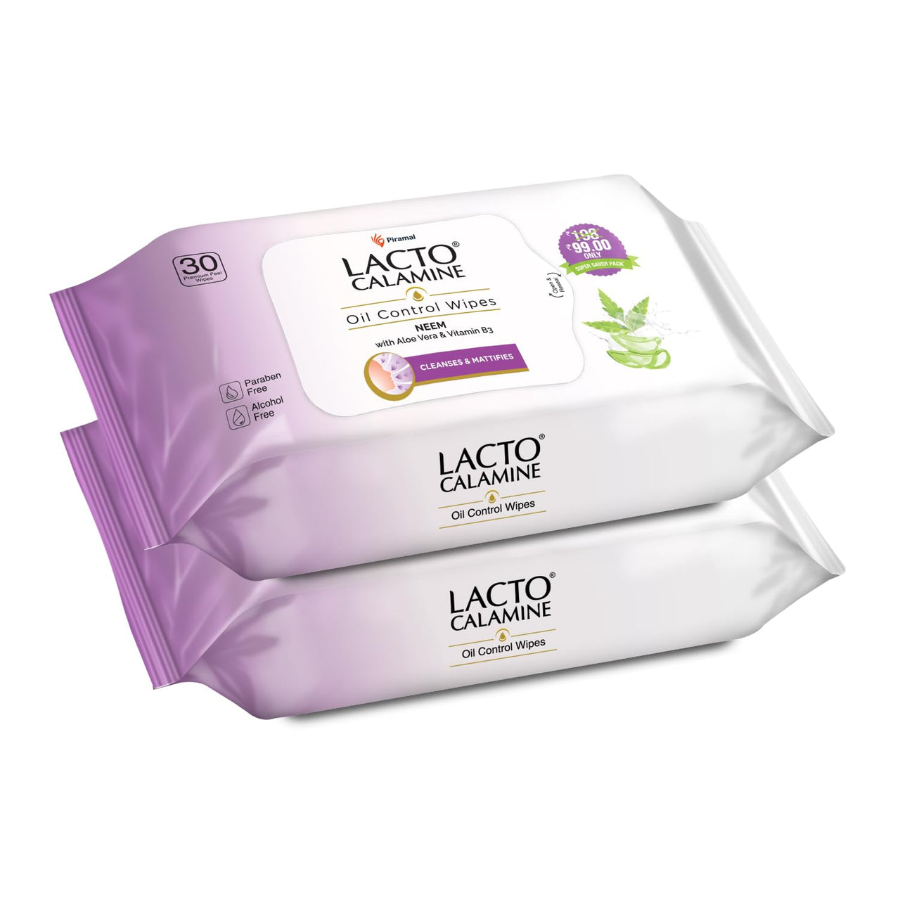 Lacto Calamine Oil Control Face Wipes | 30 N each- Pack of 2 | Wet Wipes for Face With Neem, Aloe Vera & Niacinamide | Makeup Remover Wipes | Hydrating, Refreshing, Soothing | Pararben & Alcohol Free