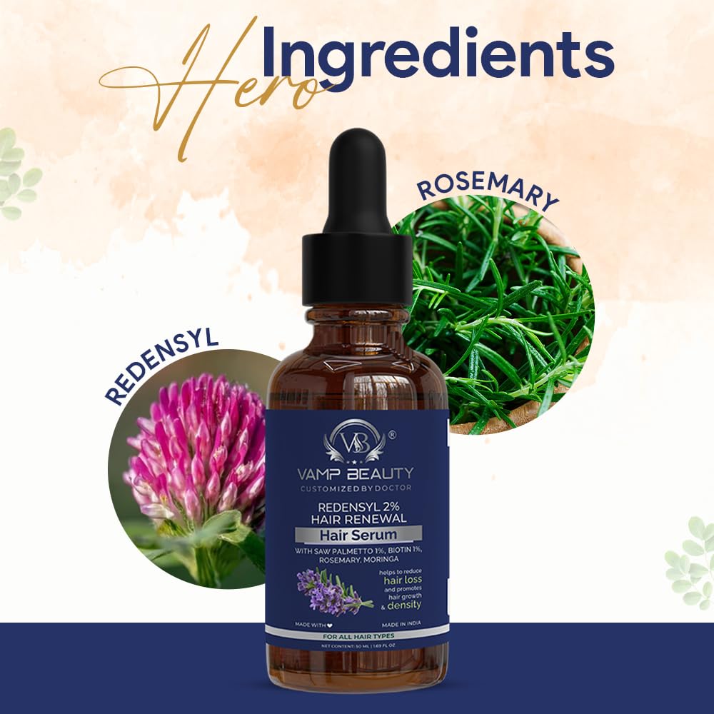Vamp Beauty Redensyl 2% Hair Growth Serum | With Biotin, Rosemary & Moringa | Reduces Hair Fall, Boosts Regrowth | Non-Sticky, Water-Based | For Men & Women | 50ml