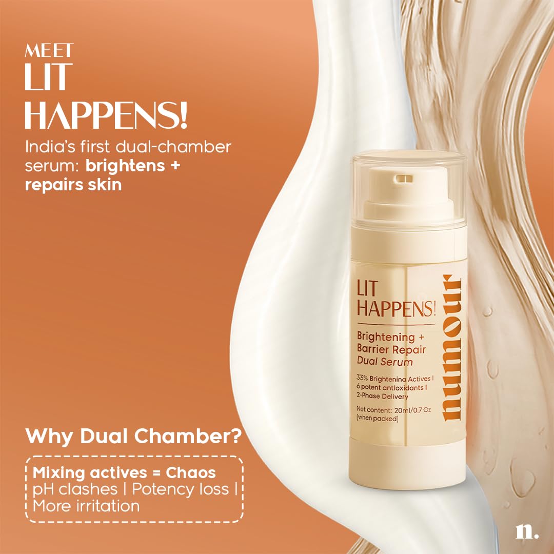 Numour Lit Happens Dual Brightening Serum 20ml| 33% Actives 15% Vitamin C+10% Niacinamide+ 2% TXA |Fades Dark Spots & Brightens|Dermat Tested, Sensitive Skin Safe| Face Serum For Men & Women