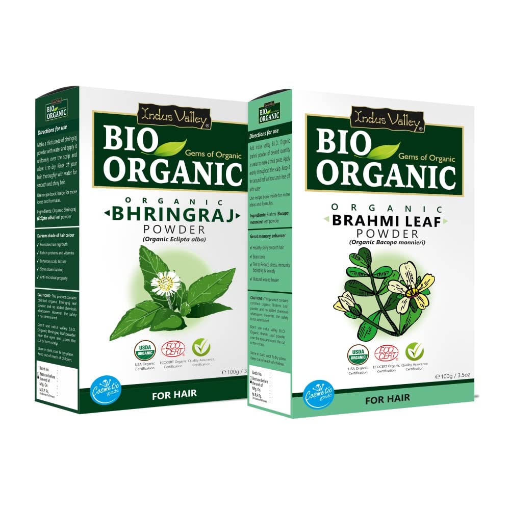 INDUS VALLEY Bio Organic Natural Brahmi Powder | Bacopa monnieri With Bhringraj Powder | Eclipta alba for Hair Care - (100g*2=200g)