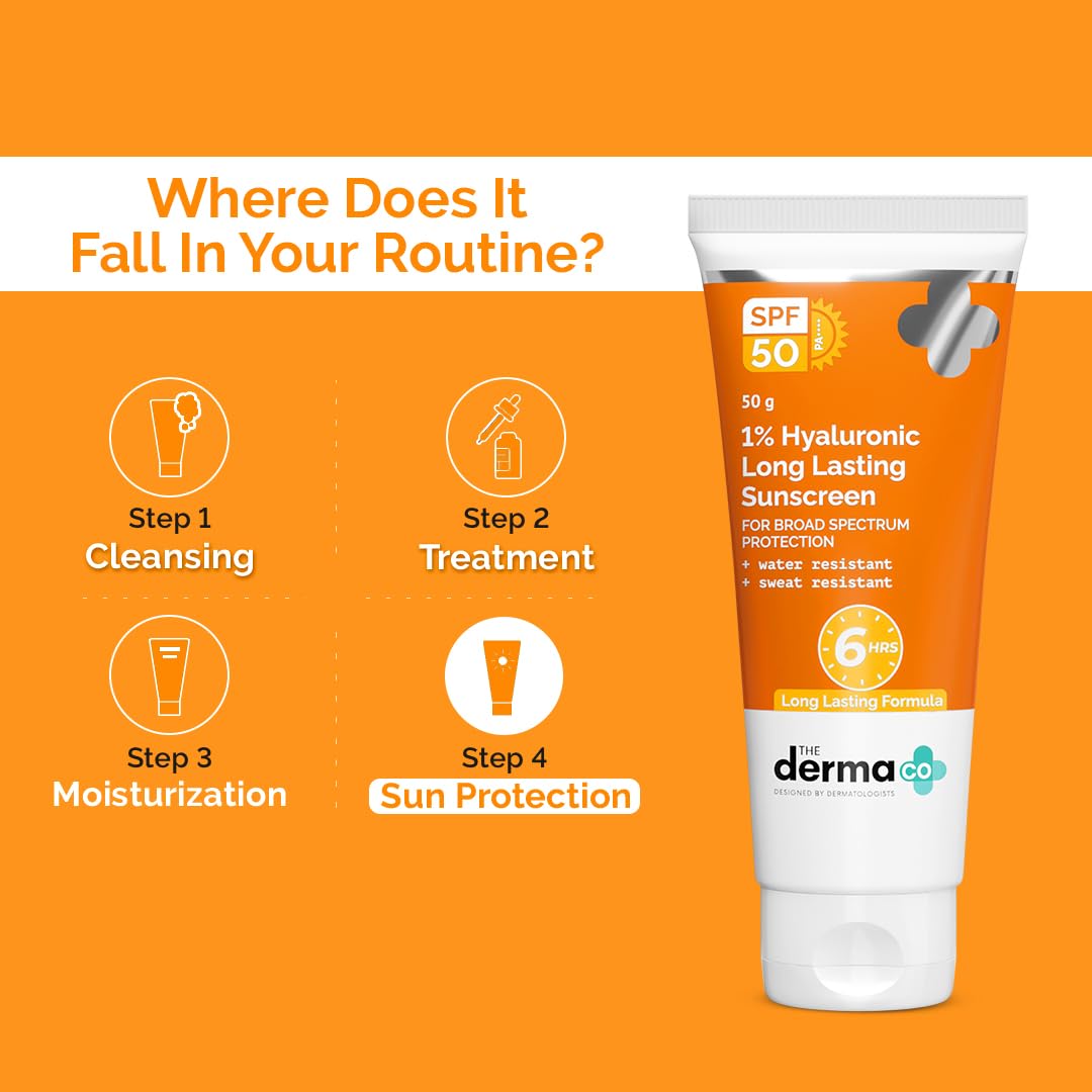 The Derma Co 1% Hyaluronic Long Lasting Sunscreen Spf 50 Pa++++|With Hyaluronic Acid & Vitamin E|For Broad Spectrum|Upto 6H Sun Protection|Water & Sweat Resistant|No Reapplication Needed|50G, All