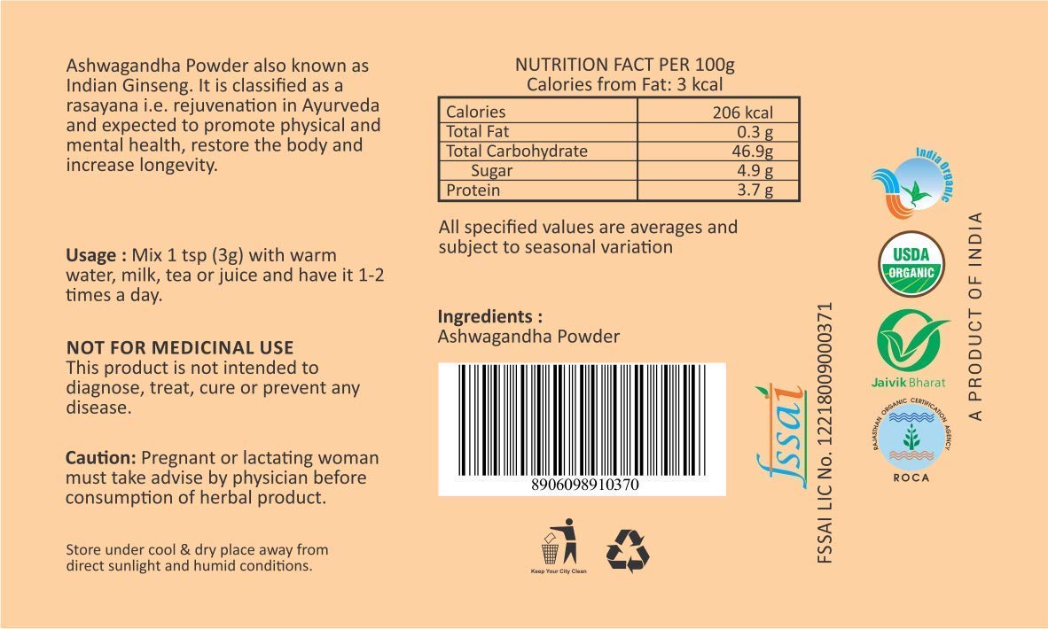 Orgrain India Organic Ashwagandha Root Powder 300g (Pack of 3 * 100g) |