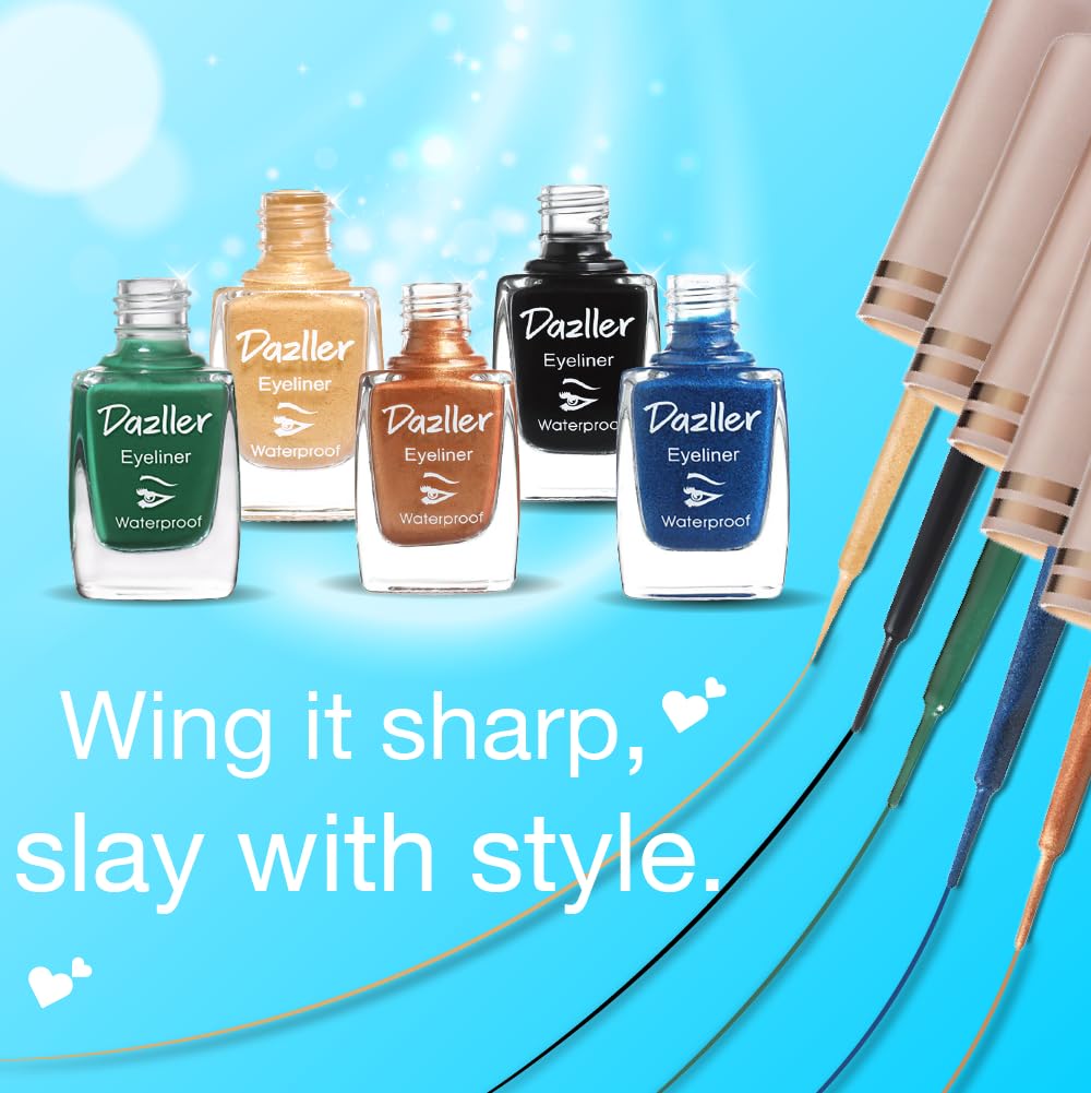 DAZLLER Liquid Eyeliner Waterproof, 9.5Ml, Black + Blue, Smudge-Proof, Matte Finish, One Stroke Application, Long-Lasting, Deeply Pigmented, Lightweight, Quick-Drying