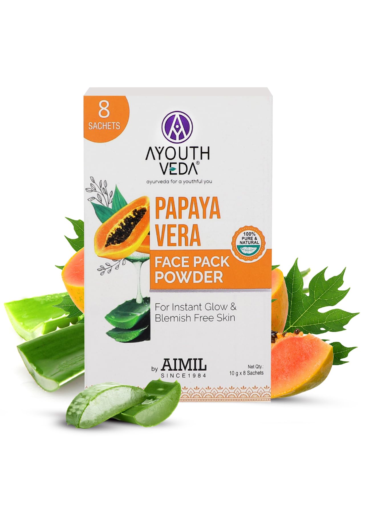 Ayouthveda Papaya and Aloe Vera Face Pack Powder for Glowing & Rejuvenating Skin | Removes Blemish & Wrinkle & Promotes Skin Health | Suitable for all skin Type (10g X 8 Sachets) (Pack of 1)
