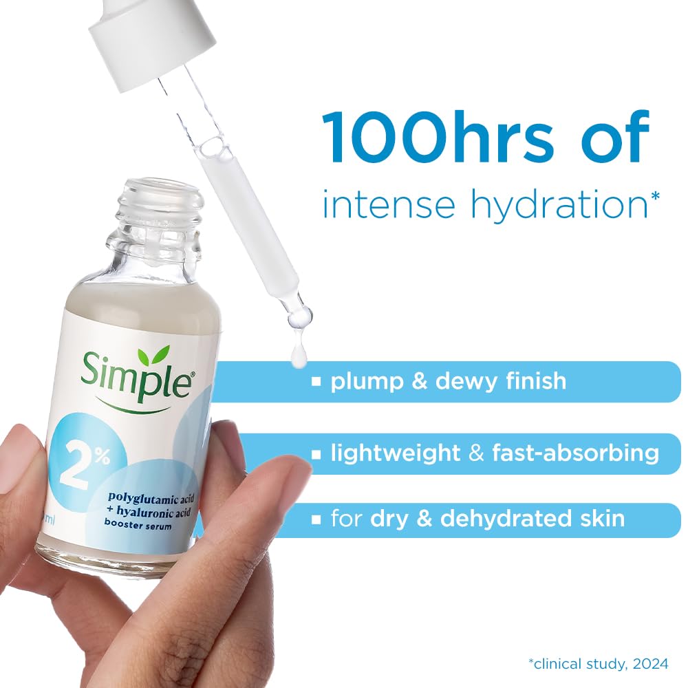 Simple 2% Hyaluronic Acid + PGA Booster Serum for dry dehydrated skin | For 100 Hr hydration | Suitable for all skin skin types| sensitive skin | 30ml