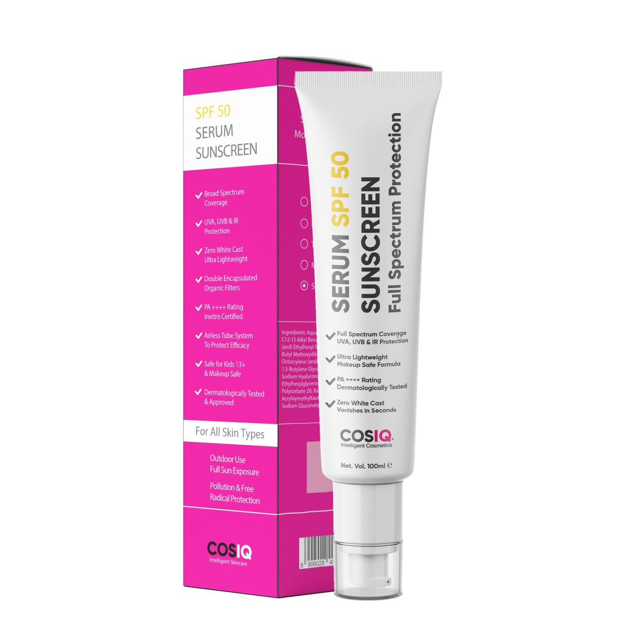 Cos-IQ Sunscreen Serum SPF 50 PA++++ Broad Spectrum, UVA, UVB & IR Protection, No White Cast, Ultra-Light Weight, Skin Safe, Dewy Finish For Unisex, 100ml