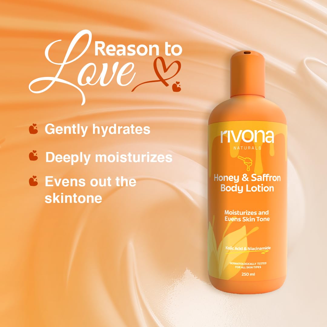Rivona Naturals Honey & Saffron body Lotion | Enriched with 2% Kojic + Honey & Saffron | Skin Brightening, Moisturizing |100% Vegan|Men & Women |All Skin types|250 ml each - Pack of 2