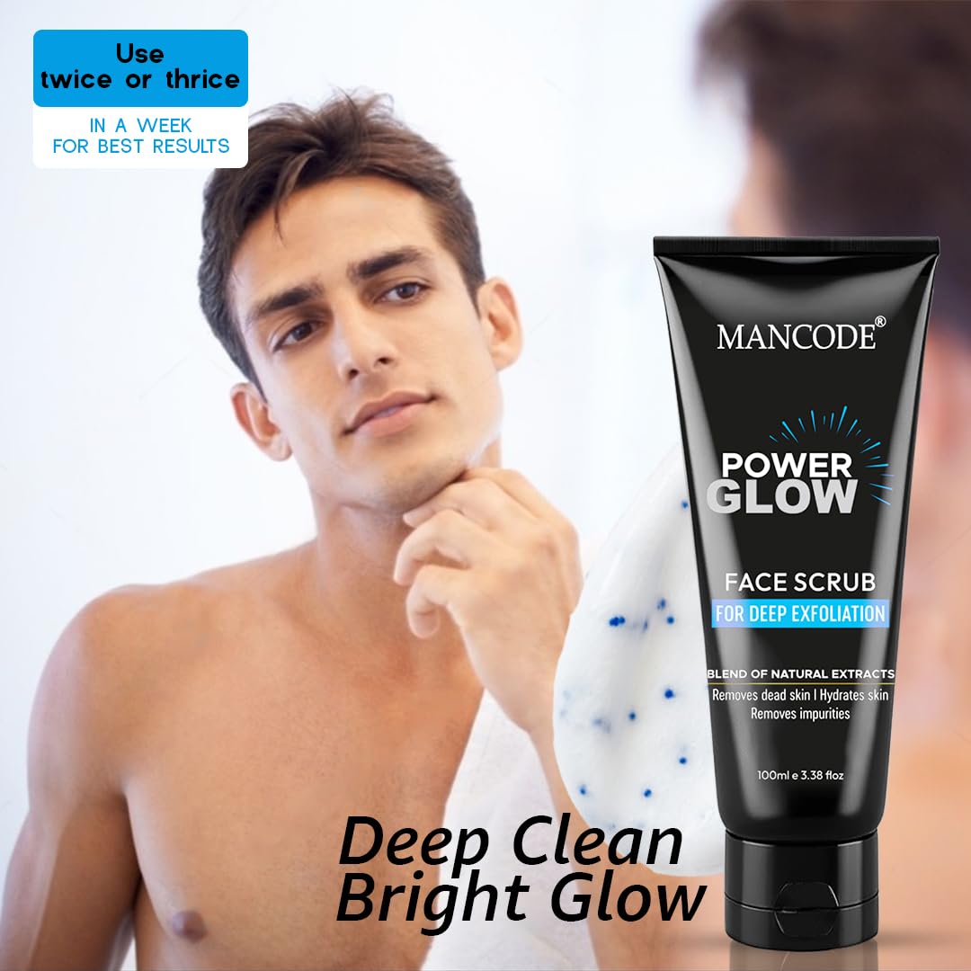 Mancode Power Glow Face Scrub for Men | Deep Exfoliation, Brightening & Hydrating | Removes Dead Skin & Impurities | Natural Ingredients with Saffron, Turmeric & Almond Oil | 100g