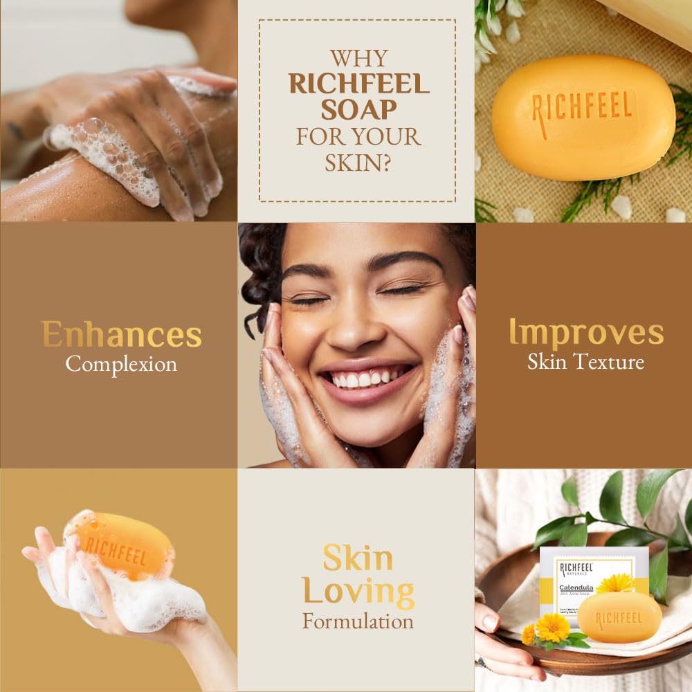 Richfeel Calendula soap | Anti Acne Brightening Soap | Bathing Soaps | Bath Soap for Men & Women | Soaps for Bath | TFM Grade 1 Soap | For Oily Skin | Fades Dark Spots | - 75Gm X 4 (B3G1) Pack of 2