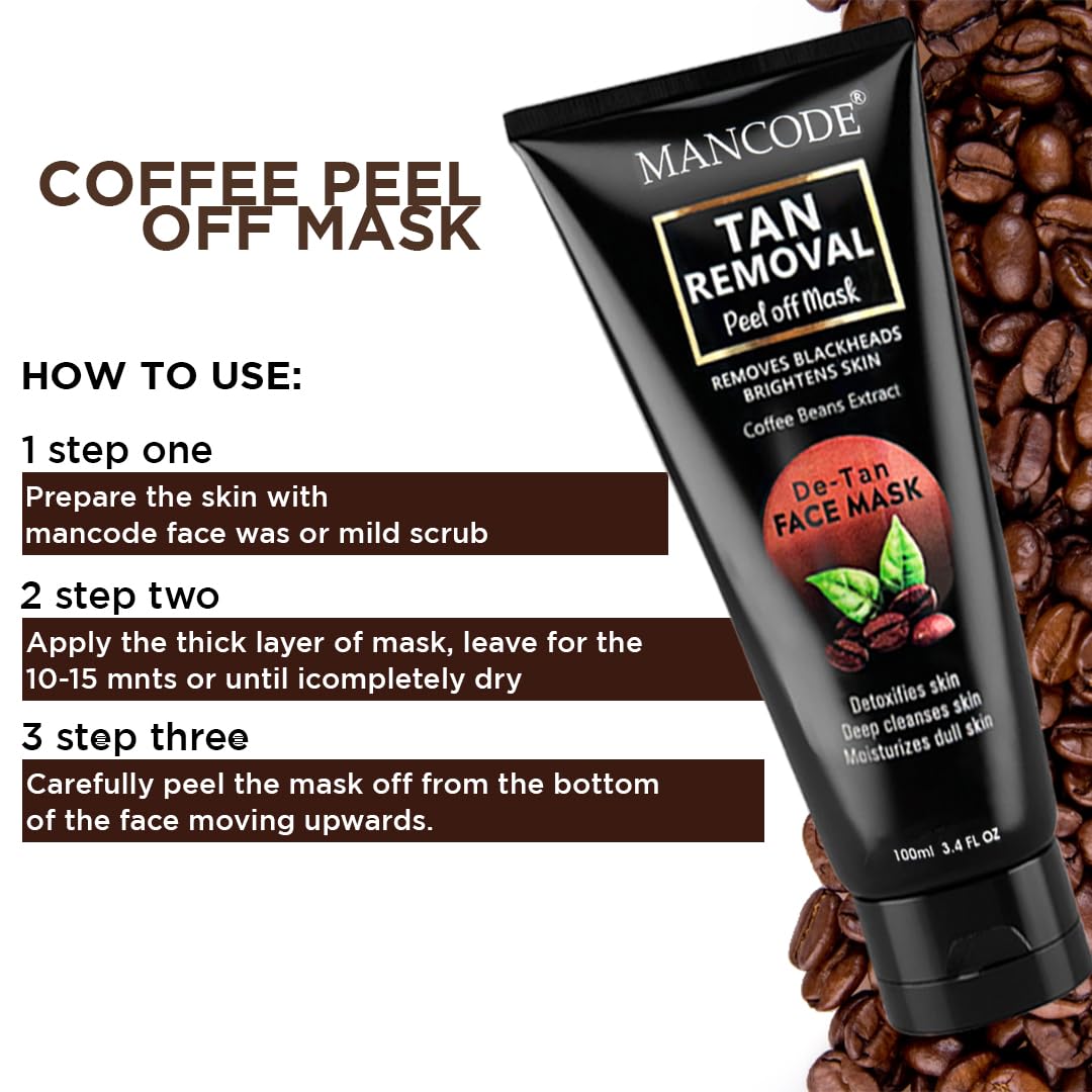 Mancode De-Tan Removal Peel off Face Mask for Men and Women 100ml | Deep Cleansing Exfoliator, Defeat Blackheads & Whiteheads, Glowing White & Brighten Skin