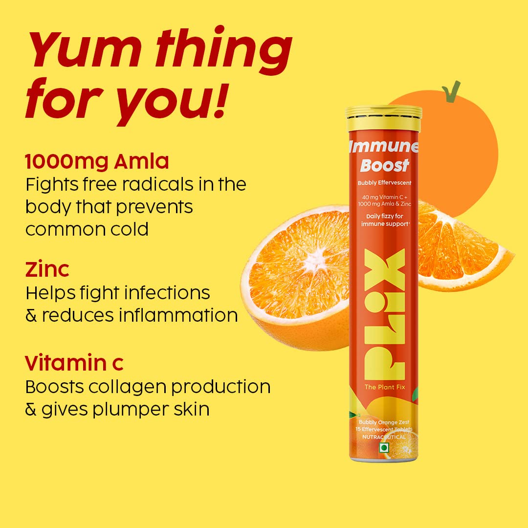 PLIX - THE PLANT FIX Vitamin C Immunity Booster 15 Effervescent Tablets,Pack Of 1 (Orange Flavour),Contains Amla And Zinc,Helps Improve Mood,Increases Energy Levels,Gluten-Free,Non-Gmo,Vegan