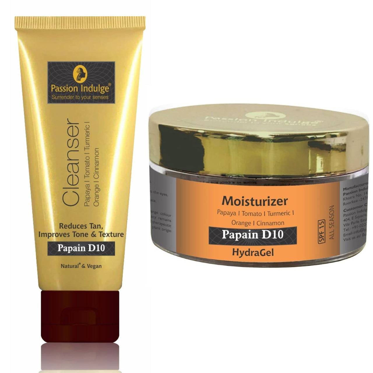 Passion Indulge Natural Papain D10 Cleanser 100ml & Papain D10 HydraGel Moisturizer 50gm Combo Pack For Reduces Tan