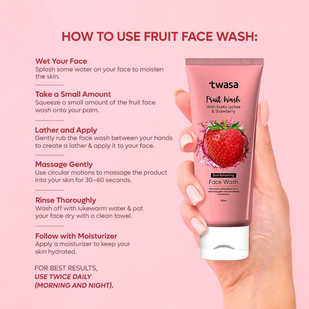 Twasa Dual Refreshing Fruit Face Wash For Instant Glow & Revitalized Complexion with Exotic Lychee & Strawberry | Brightening, Exfoliating & Gentle Skin Hydrating Face Wash - 100 ml