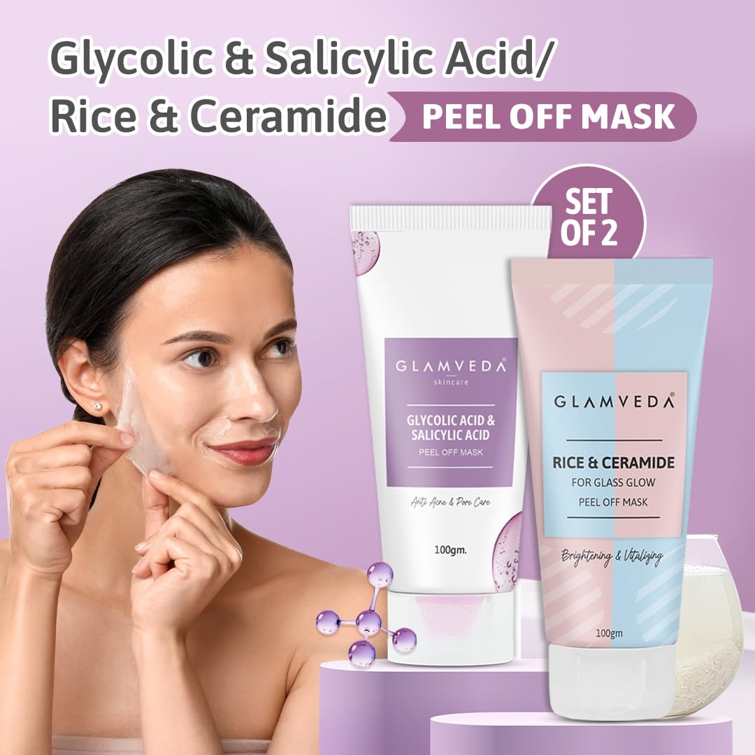 GLAMVEDA Rice & Ceramide And Glycolic & Salicylic Anti Acne Peel Off Face Mask (200 ml) | For Oily & Acne Prone Skin | Oil balancing, Deep Cleansing | Blackhead & Pore care