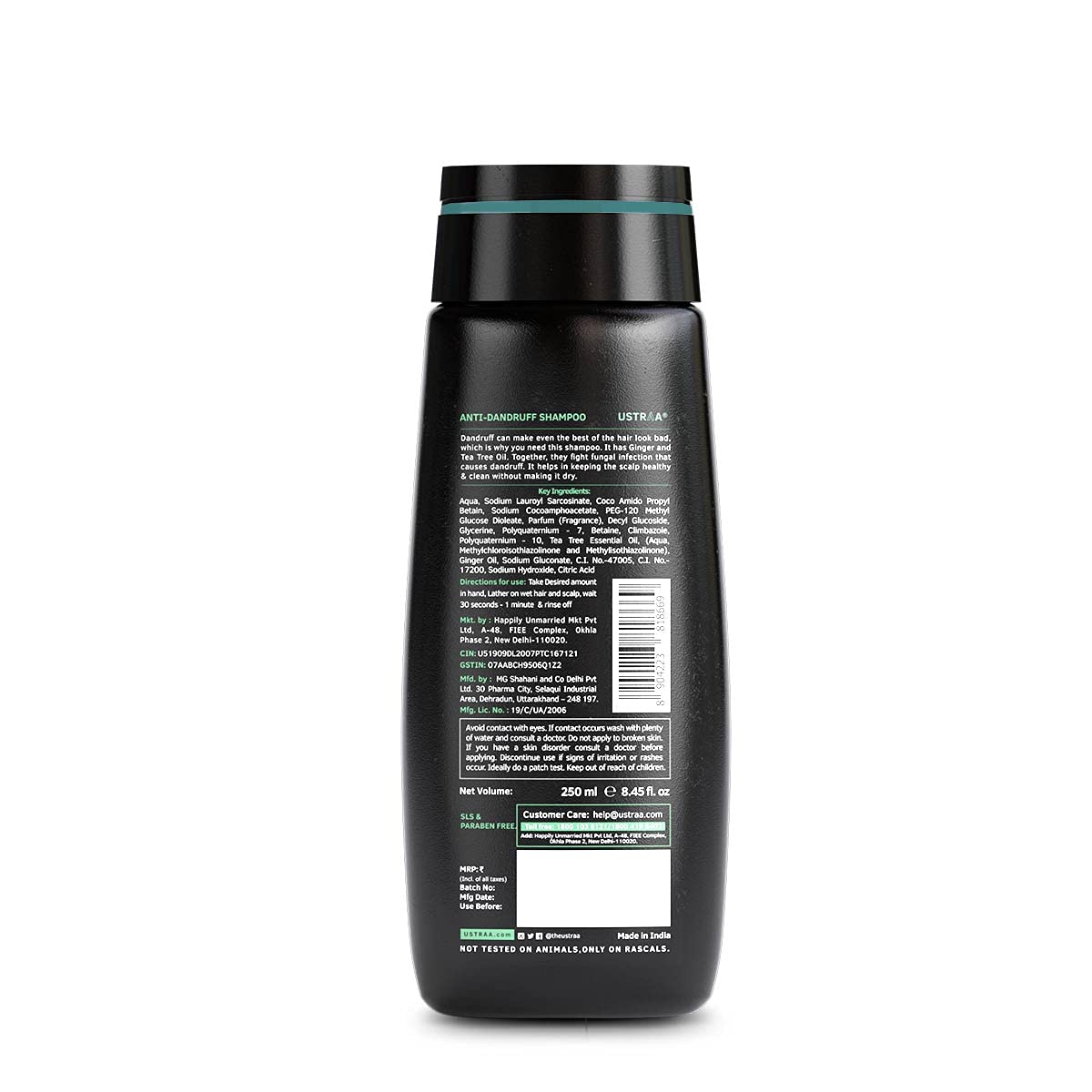 Ustraa Anti-Dandruff Shampoo 250ml - With Climbazole, Ginger & Tea Tree Oil, Controls Dandruff, No Sulphates, No Parabens, No Silicone, No Mineral Oil