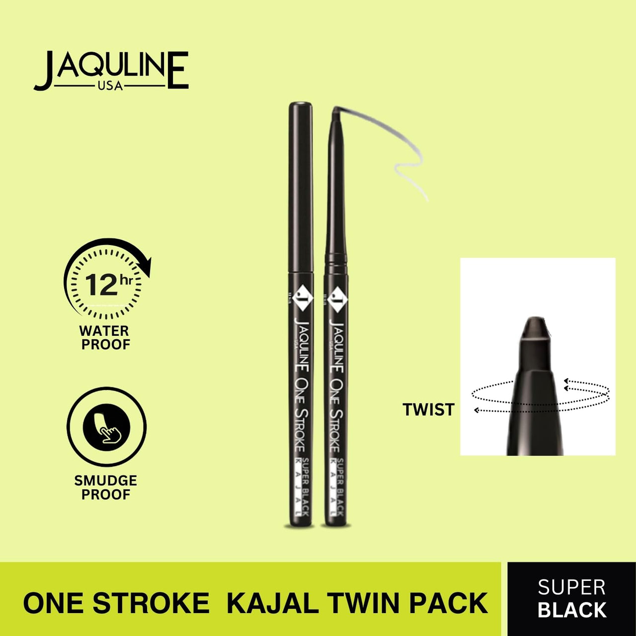 Jaquline USA Onestroke Super Black Kajal Twin Pack, Smudge Proof, Water Proof, Black, Matte Finish (Pack Of 2)