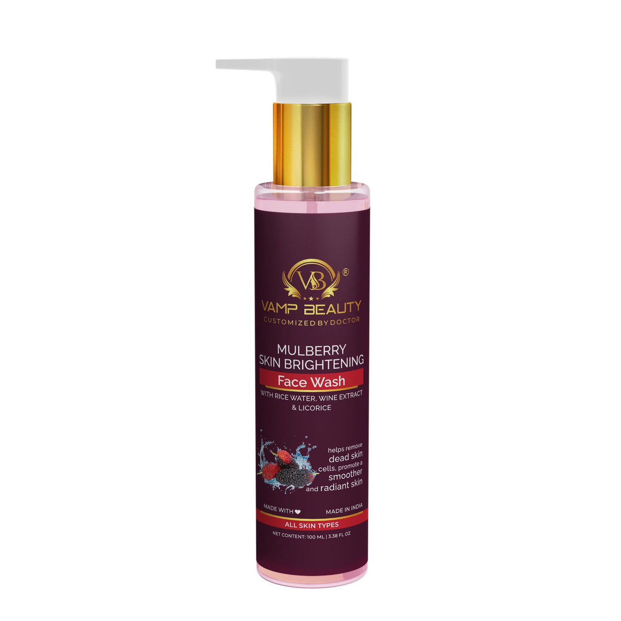 Vamp Beauty Mulberry & Rice Water Skin Brightening Face Wash | Natural Facewash for Dark Spot Removal, Uneven Skin Tone & Hydration | With Goodness of Licorice | Suitable for All Skin Types | 100ml