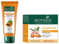 Biotique Bio Almond Oil Nourishing Body Soap, Pack of 3, 225 g (3 x 75 g) & Biotique Papaya Tan Removal Brightening & Reviatalizing Face Scrub For All Skin Types, 100g