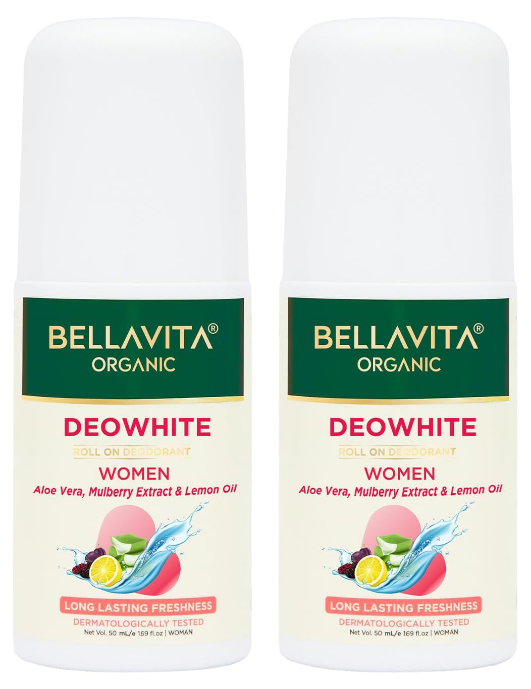 Bella Vita Organic Deo White Deodorant For Women Long Lasting, 50 Ml Roll On Natural Under Arms Skin Whitening & Lightening For Ladies, Aluminium Free, Pack of 2