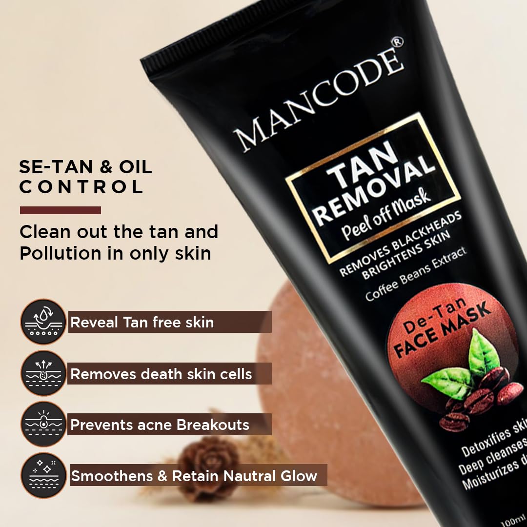 Mancode De-Tan Removal Peel off Face Mask for Men and Women 100ml | Deep Cleansing Exfoliator, Defeat Blackheads & Whiteheads, Glowing White & Brighten Skin