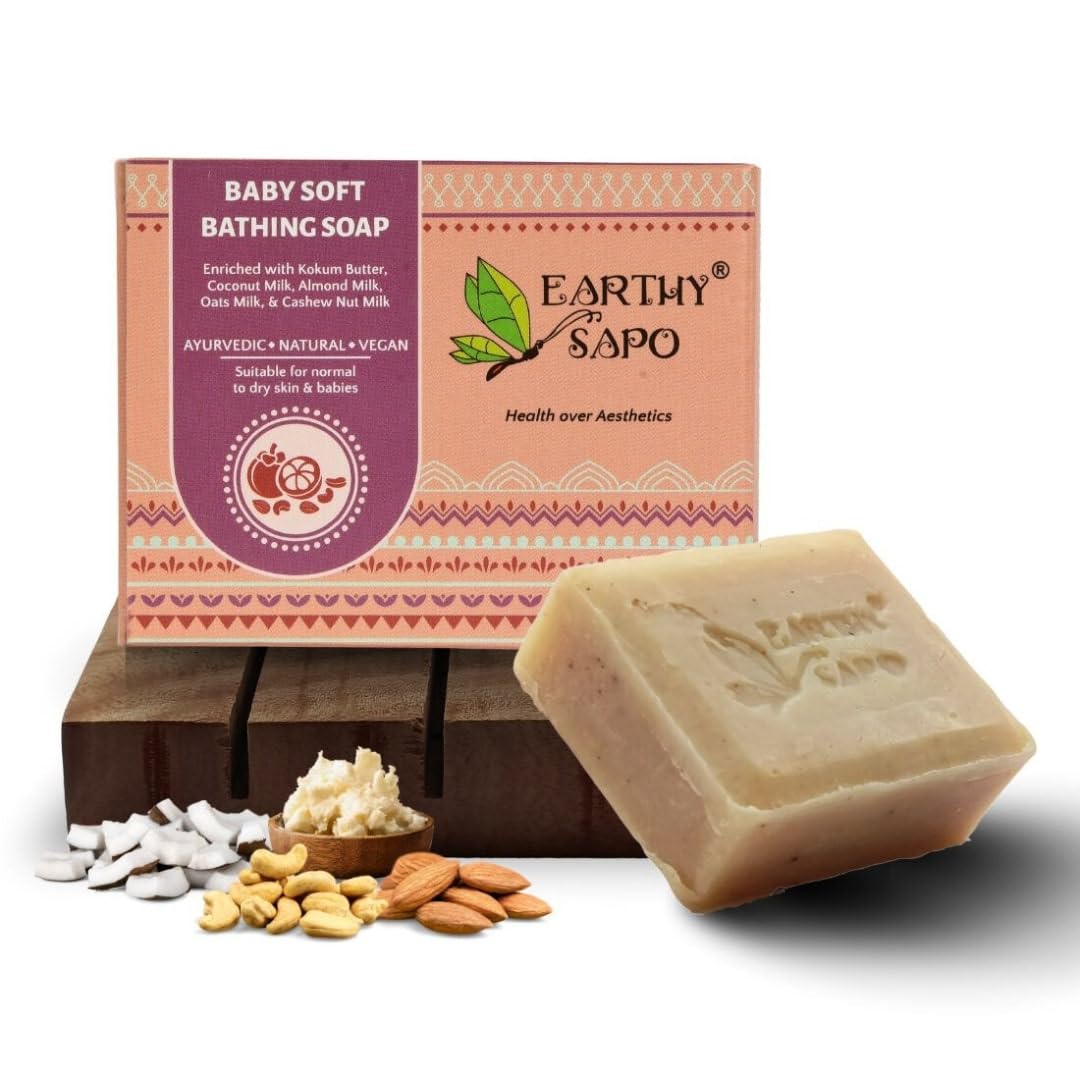 Earthy Sapo Handmade Baby Soft Bathing Soap (Coconut Milk, Almond Milk, Oat Milk, Kokum Butter) 100g, Pack of 1 | Natural, Gentle Bath Soap for Babies Sensitive Skin