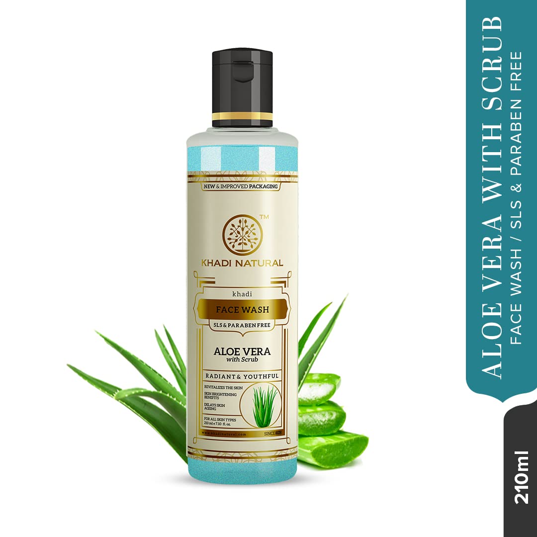 Khadi Natural Aloe Vera Face Wash with Scrub | Face Wash for Younger-Looking Skin | Face Scrub for Fighting Early Signs of Ageing | Paraben & SLS Free | Suitable for All Skin Types | 210ml