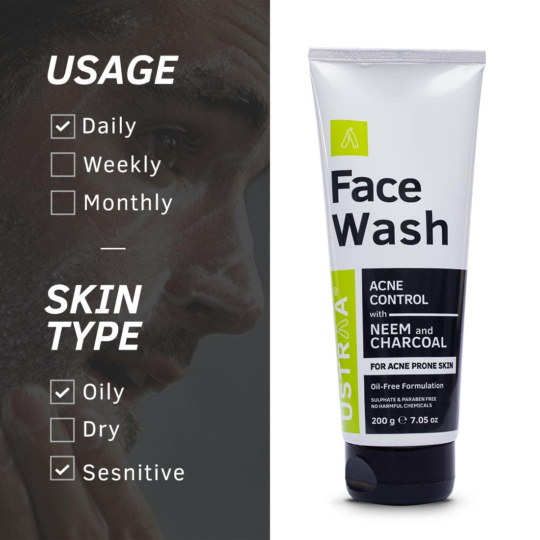Ustraa Face Wash Acne Control - With Neem & Charcoal Face Wash - 200g - Oil Control, Prevents Acne, Especially for Oily Skin, No Sulphate, No Paraben, No Harmful Chemicals.