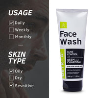 Ustraa Face Wash Acne Control - With Neem & Charcoal Face Wash - 200g - Oil Control, Prevents Acne, Especially for Oily Skin, No Sulphate, No Paraben, No Harmful Chemicals.